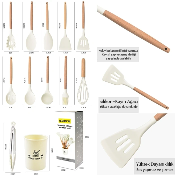 Nevamel Ezere 11 Parça Silikon Uçlu Ahşap Saplı Mutfak Seti Ve Saklama Kutusu-(5775)