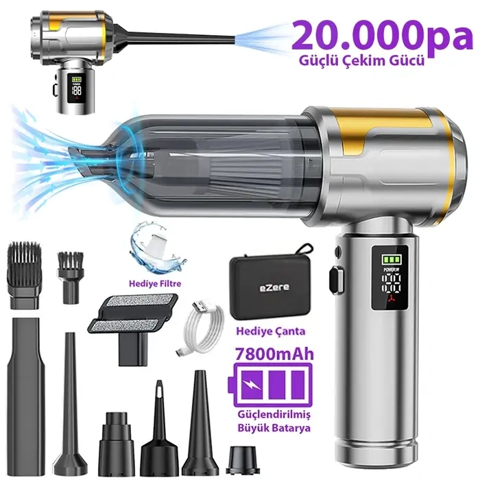 Nevamel® EZERE Nanovac 20000pa Güçlü Portatif Vakumlu Kablosuz Üflemeli Mini Araç Süpürgesi-(5775)