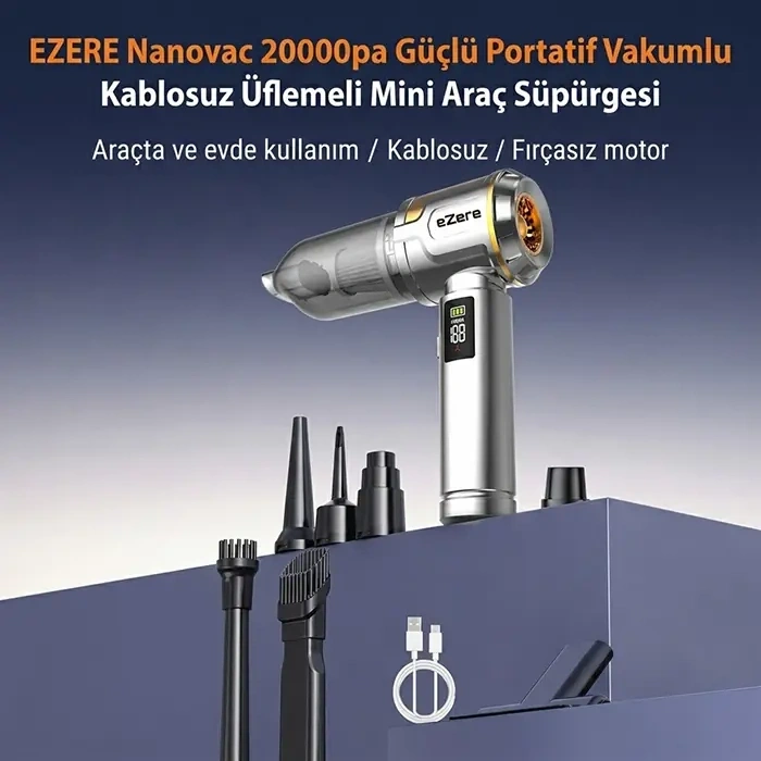 Nevamel® EZERE Nanovac 20000pa Güçlü Portatif Vakumlu Kablosuz Üflemeli Mini Araç Süpürgesi-(5775)