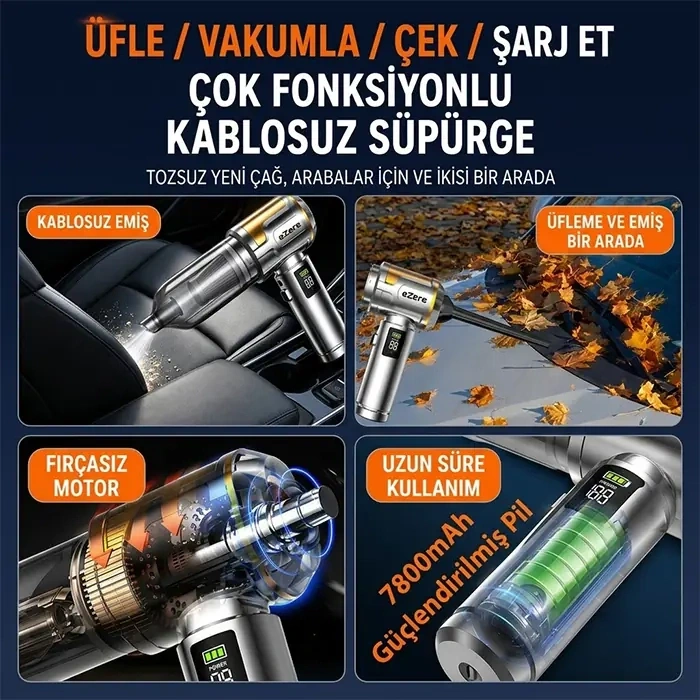 Nevamel® EZERE Nanovac 22000pa Güçlü Portatif Vakumlu Kablosuz Üflemeli Mini Araç Süpürgesi-(5775)