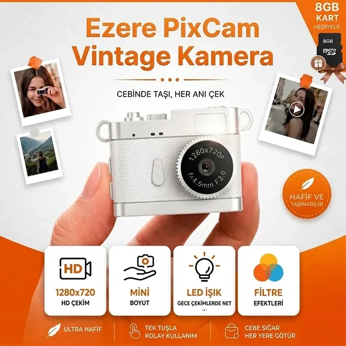 Nevamel® Ezere PixCam Vintage Taşınabilir Mini Dijital Kamera Selfie Video Vlog Kamerası Mini Anahtarlık 1080P-(5775)