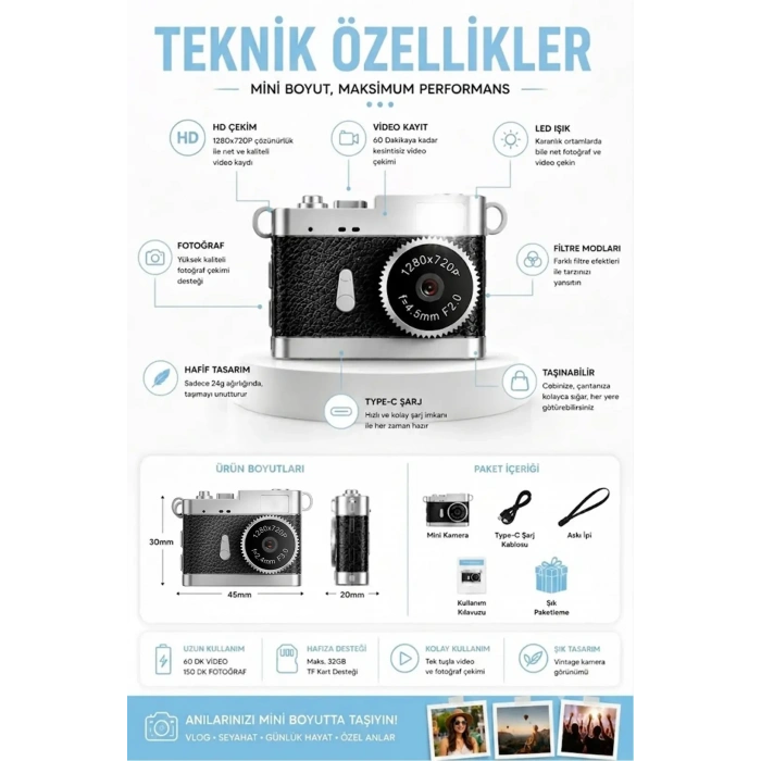 Nevamel® Ezere PixCam Vintage Taşınabilir Mini Dijital Kamera Selfie Video Vlog Kamerası Mini Anahtarlık 1080P-(5775)