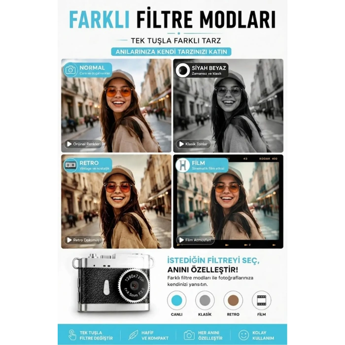 Nevamel® Ezere PixCam Vintage Taşınabilir Mini Dijital Kamera Selfie Video Vlog Kamerası Mini Anahtarlık 1080P-(5775)