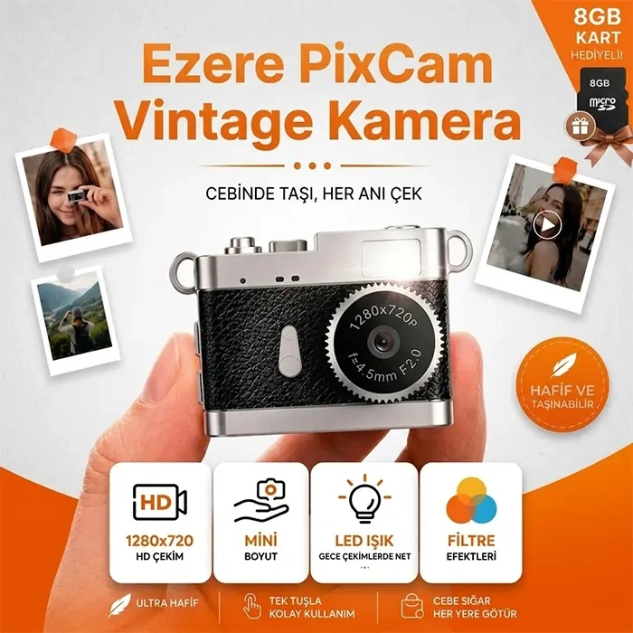 Nevamel® Ezere PixCam Vintage Taşınabilir Mini Dijital Kamera Selfie Video Vlog Kamerası Mini Anahtarlık 1080P-(5775)