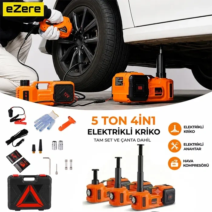 Nevamel® EZERE PowerLift Pro 5 Ton Çok Fonksiyonlu Elektrikli Hidrolik Kriko Lift Kaldırma / Kompresör / Bijon Sökme / LED Işık-(5775)