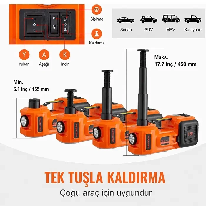 Nevamel® EZERE PowerLift Pro 5 Ton Çok Fonksiyonlu Elektrikli Hidrolik Kriko Lift Kaldırma / Kompresör / Bijon Sökme / LED Işık-(5775)