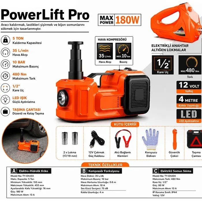 Nevamel® EZERE PowerLift Pro 5 Ton Çok Fonksiyonlu Elektrikli Hidrolik Kriko Lift Kaldırma / Kompresör / Bijon Sökme / LED Işık-(5775)