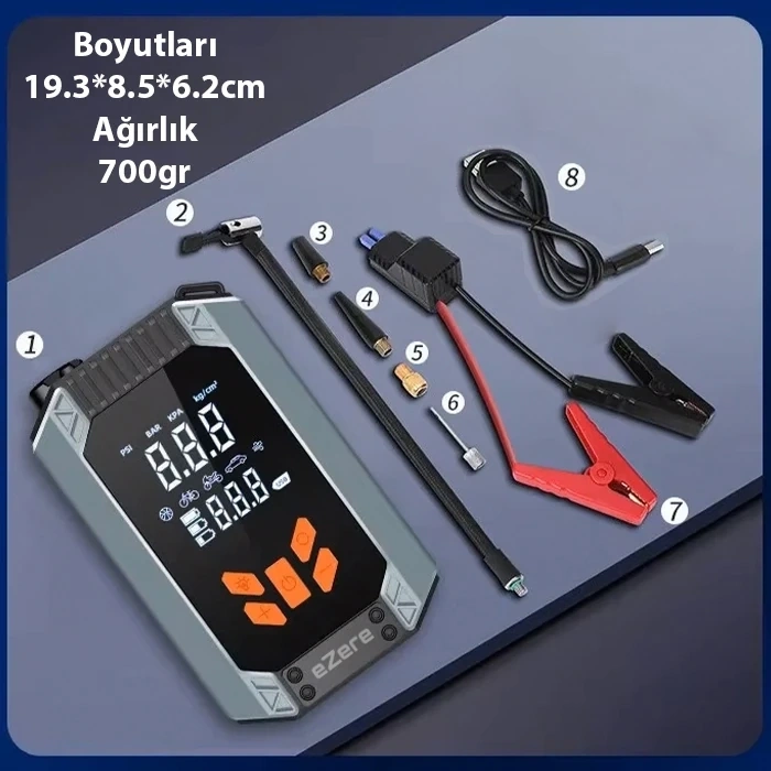 Nevamel® EZERE ST-9632D Taşınabilir Araç Lastik Şişirme Ve Starter Akü Takviye Seti-(5775)