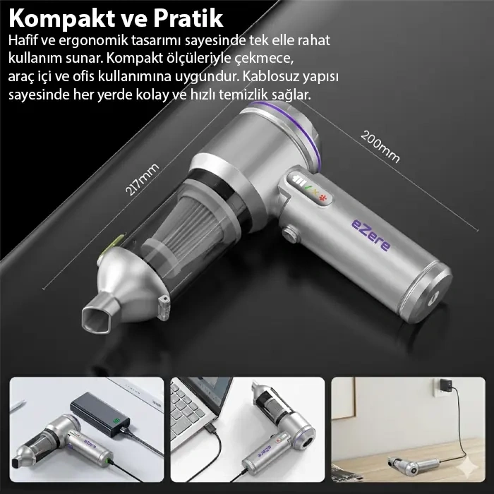 Nevamel® EZERE Vacpro 20000pa Güçlü Dijital Göstergeli Vakumlu Kablosuz Üflemeli Mini Araç Süpürgesi-(5775)