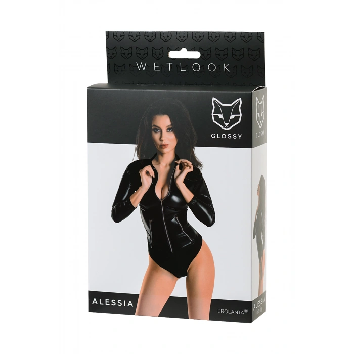 Nevamel® Glossy Alessia Bodysuit Wetlook Malzemeden Fermuarlı, Siyah, Xl