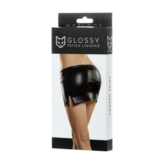 Nevamel® Glossy Camren Deri Mini Etek,Wetlook , Siyah, Xl