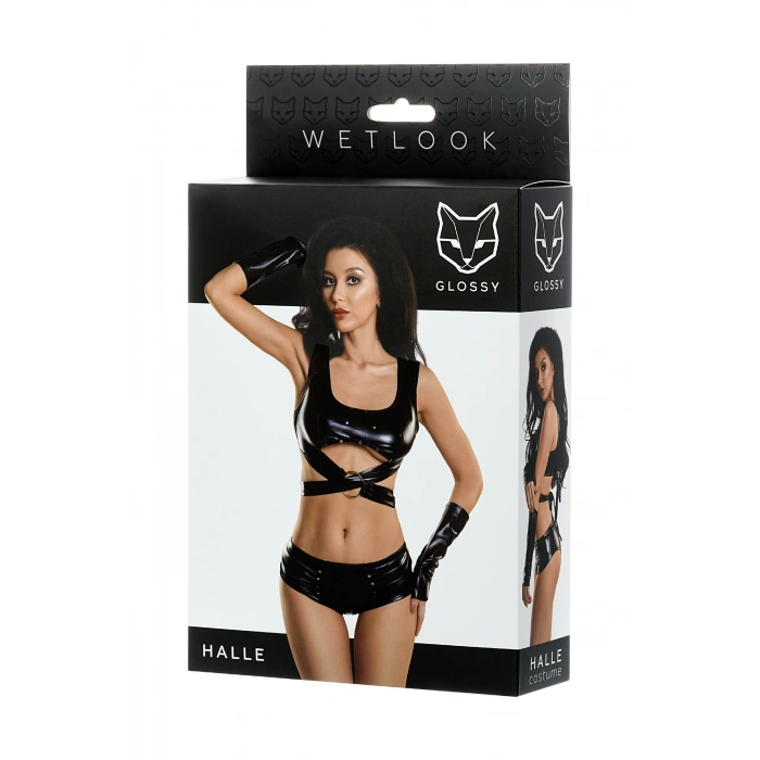 Nevamel® Glossy Halle Deri Büstyer, Mini Şort Ve Eldiven Seti, Wetlook , Siyah, M