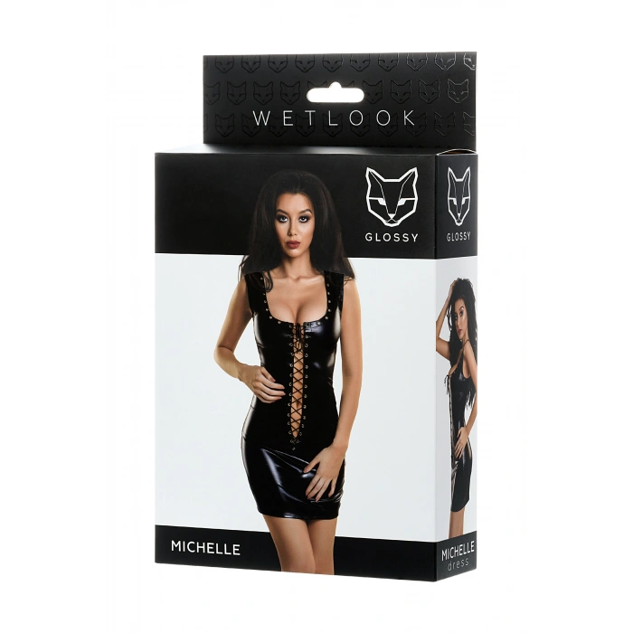 Nevamel® Glossy Mi̇chelle Deri Elbise, Perçinli, Wetlook , Siyah, L