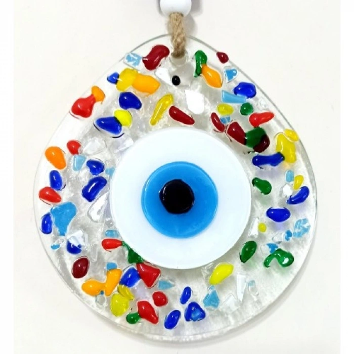 Nevamel Gökkuşağı Renklerinde Nazar Boncuklu Damla Model Şeffaf Cam Duvar Süsü