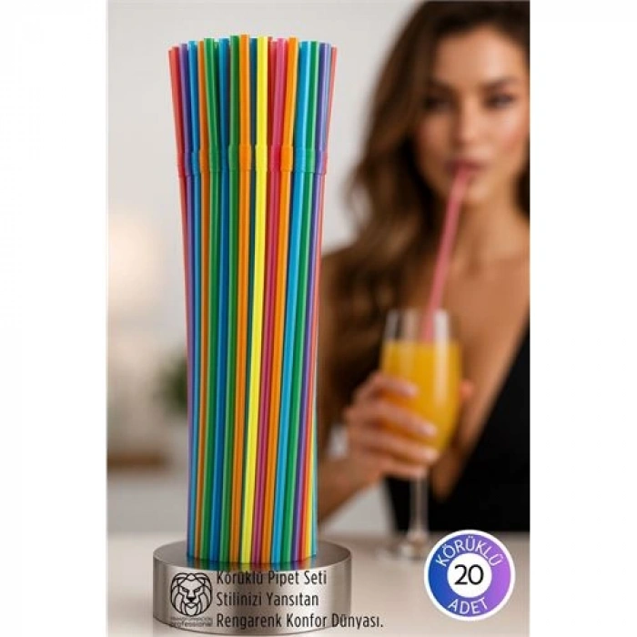 Nevamel® Gökkuşağı Serisi: 20’li Esnek Körüklü Lüx İçecek Pipeti – 22 cm Premium Sunum Seti