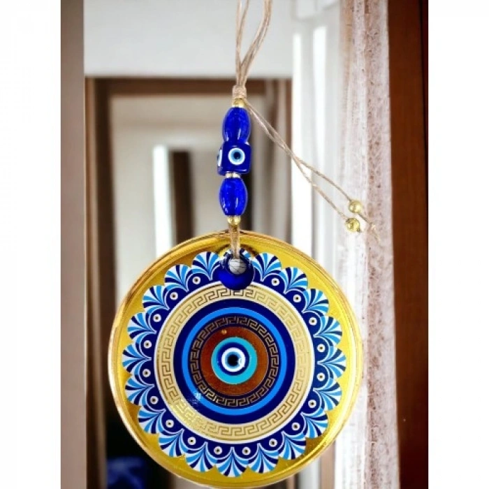 Nevamel Gold Cam Üzeri Mavi Motifli Nazar Boncuklu Göz Detaylı Duvar Süsü