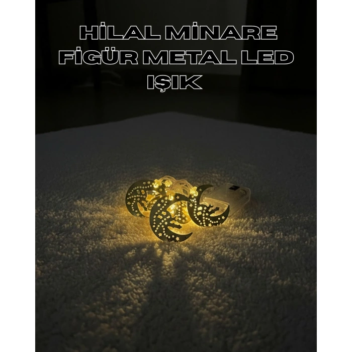 Nevamel® Gold Renk Metal Minareli Hilal LED Işık Pilli Ramazan Süsü