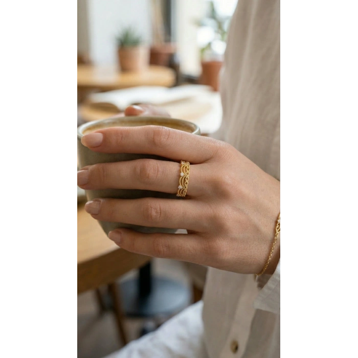 Nevamel® Gold Renk Motif Desenli Zirkon Taşlı Kadın Yüzük 5886