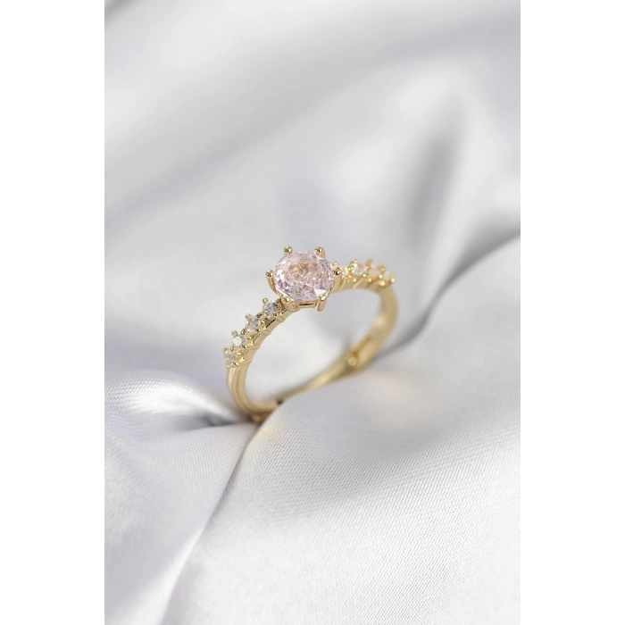 Nevamel® Gold Renk Pembe Tek Taş Model Zirkon Taşlı Kadın Yüzük 5886