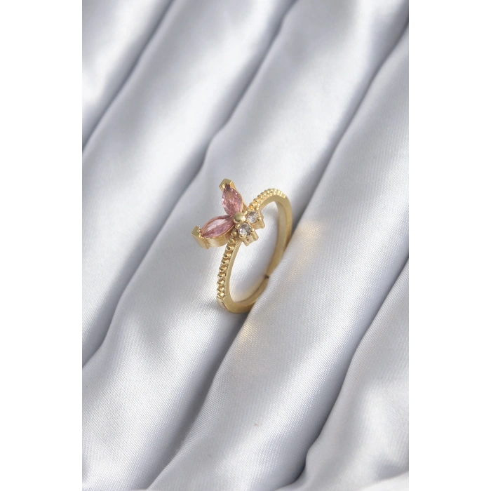 Nevamel® Gold Renk Pembe Zirkon Taşlı Kelebek Model Kadın Yüzük 5886