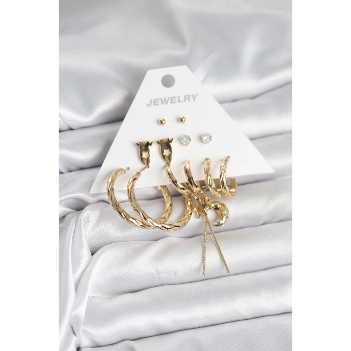 Nevamel® Gold Renk Pirinç 6lı Kadın Küpe Seti 5886