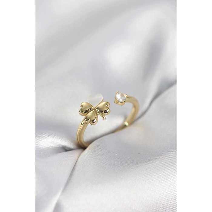 Nevamel® Gold Renk Yonca Model Sedefli Kadın Yüzük 5886