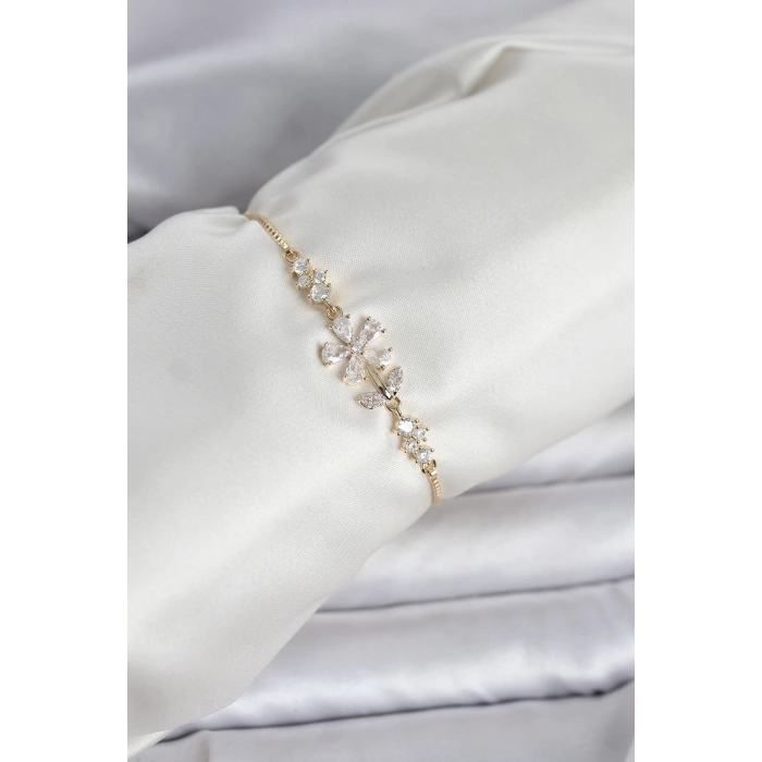 Nevamel® Gold Renk Zirkon Taşlı Papatya Model Asansörlü Kadın Bileklik 5886