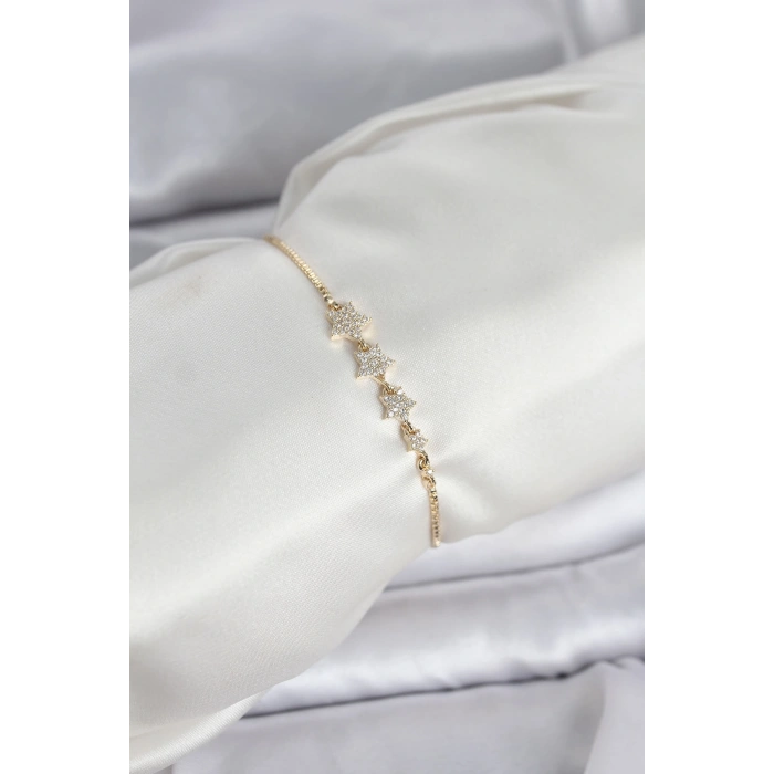 Nevamel® Gold Renk Zirkon Taşlı Yıldız Model Asansörlü Kadın Bileklik 5886