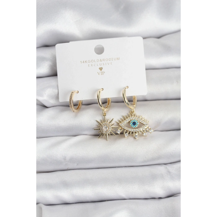 Nevamel® Göz Model Gold Renk Pirinç 3lü Kadın Küpe Seti 5886