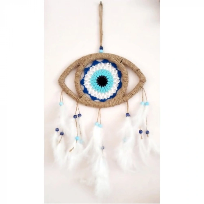 Nevamel Göz Model Nazar Boncuğu Motifli Kuş Tüylü El Yapımı Düş Kapanı Duvar Dekoru