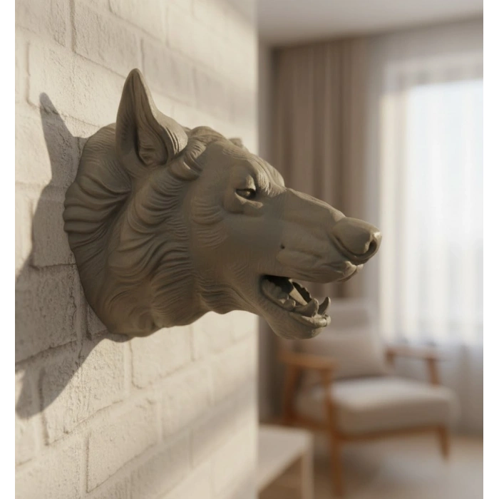 Nevamel® Gri Kurt Duvar Biblosu Güçlü Detaylı Dekoratif Tasarım 25x19 cm