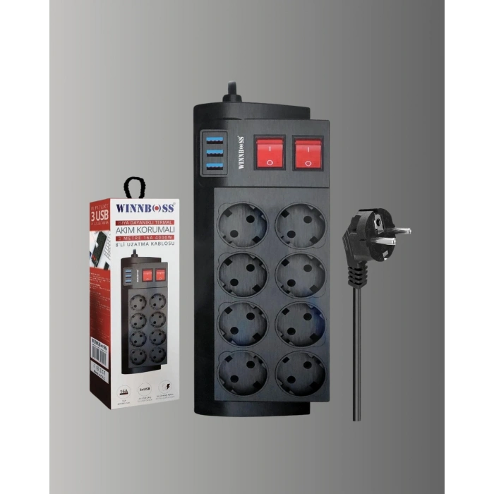 Nevamel® Güçlü Termal Korumalı 8 Priz + 3 USB Çoklu Uzatma Kablosu 2m