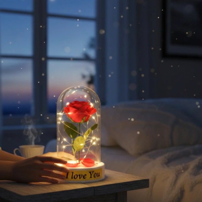 Nevamel® Gül Yapraklı Ledli Gül Fanus