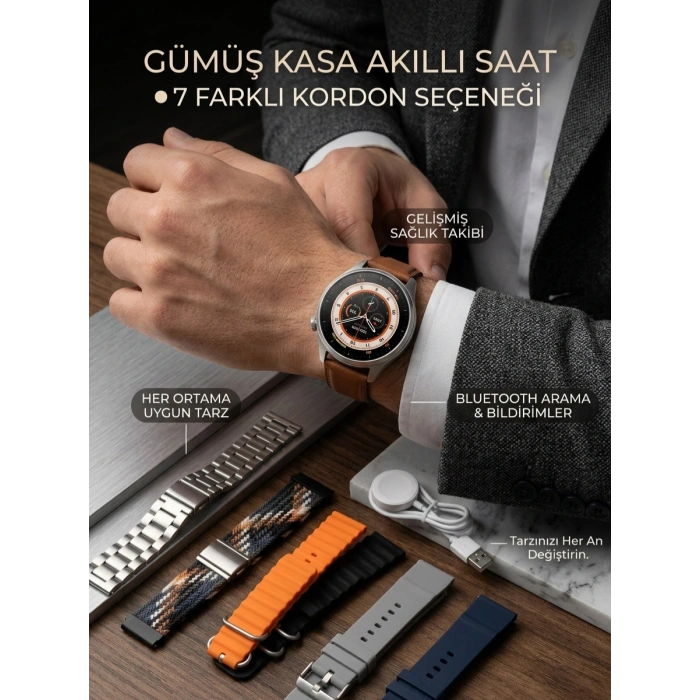 Nevamel® Gümüş Kasa Akıllı Saat - 6 Yedek Kordon Hediyeli