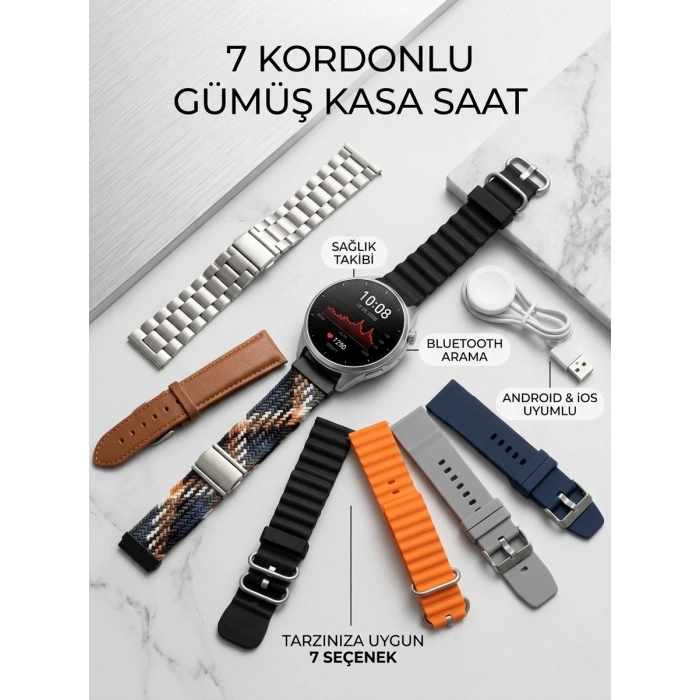 Nevamel® Gümüş Kasa Akıllı Saat - 6 Yedek Kordon Hediyeli