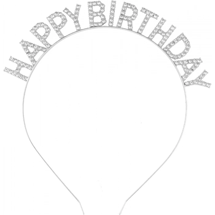 Nevamel Gümüş Kristal Taşlı Happy Birthday Tacı