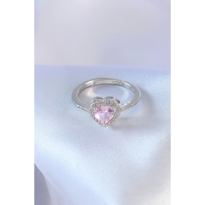 Nevamel® Gümüş Renk Pembe Zirkon Taşlı Kalp Charm Model Pirinç Kadın Yüzük 5886