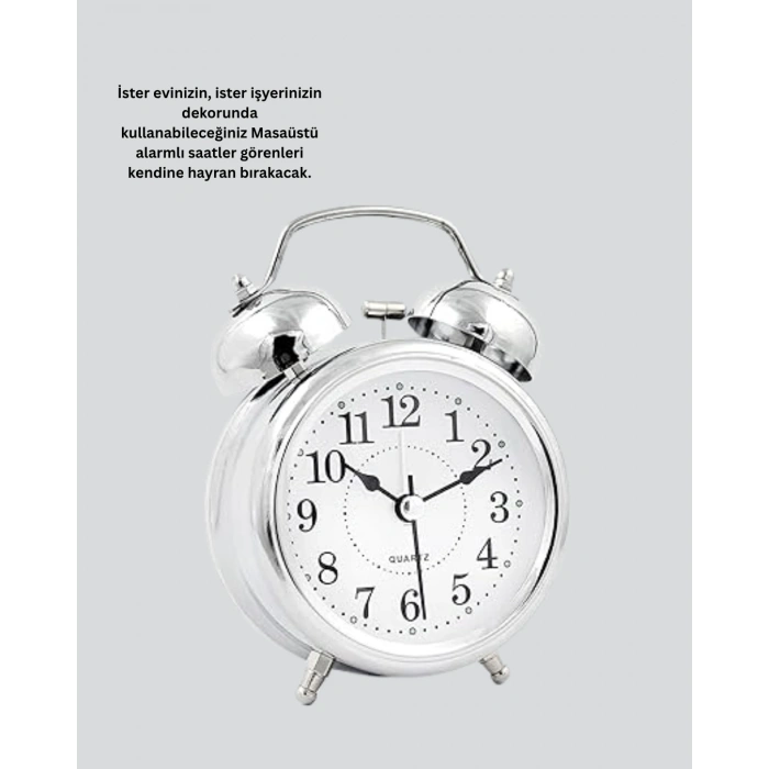 Nevamel® Gümüş Renkli Sessiz Işıklı Dekoratif Masa Üstü Çalar Saat Alarmlı