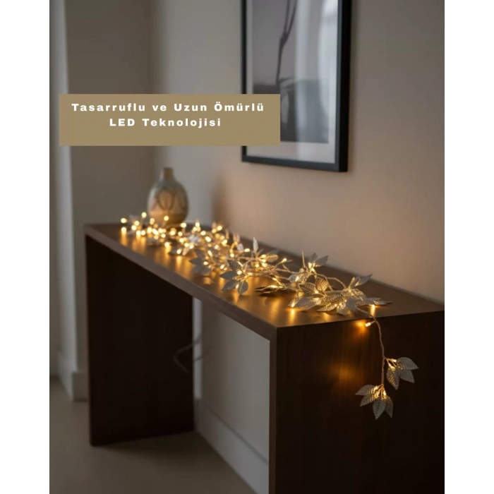 Nevamel® Gümüş Yaprak Tasarımlı LED Işık Pilli Ev ve Vitrin Dekoru