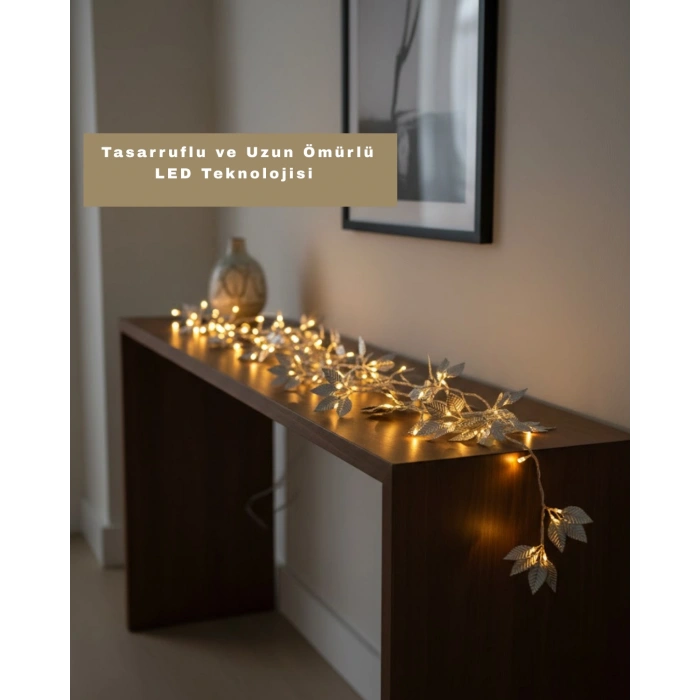 Nevamel® Gümüş Yaprak Tasarımlı LED Işık Pilli Ev ve Vitrin Dekoru