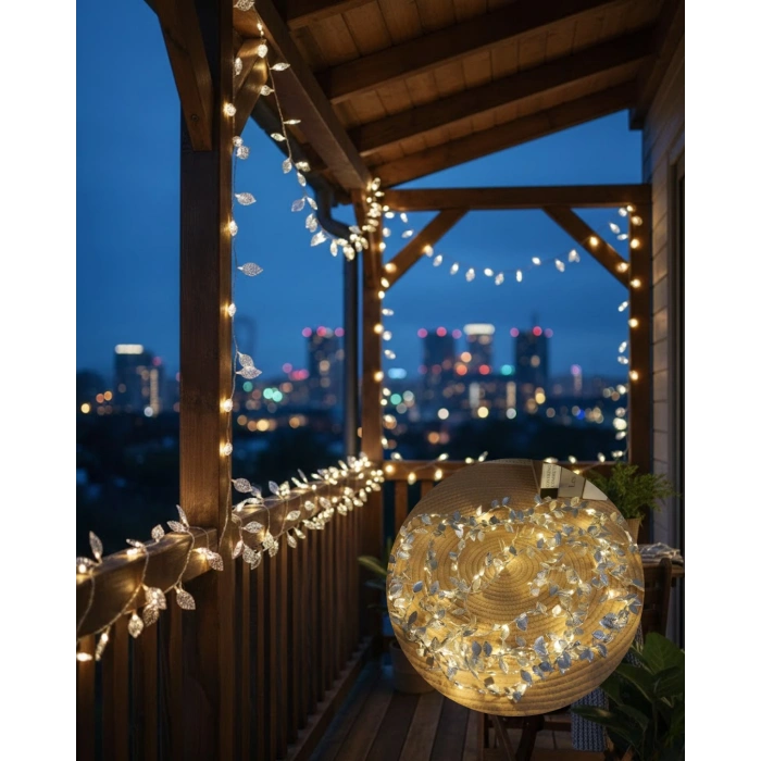 Nevamel® Gümüş Yaprak Tasarımlı LED Işık Pilli Ev ve Vitrin Dekoru