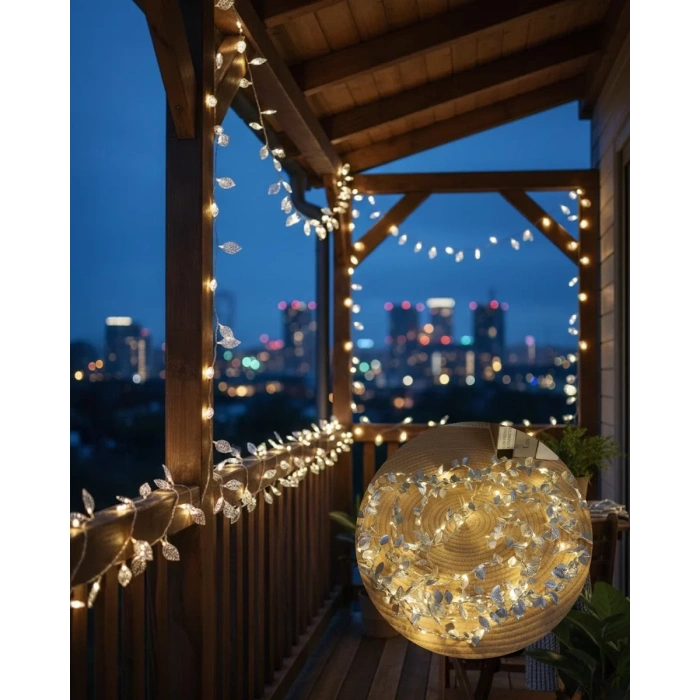 Nevamel® Gümüş Yaprak Tasarımlı LED Işık Pilli Ev ve Vitrin Dekoru