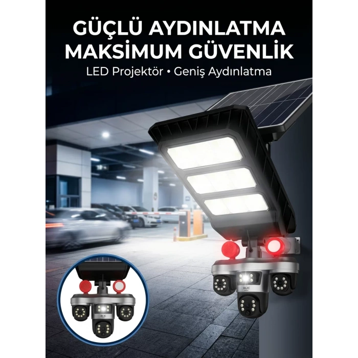 Nevamel® Güneş Enerjili Kablosuz Dış Mekan Güvenlik Kamerası Gece Görüşlü LED Projektörlü