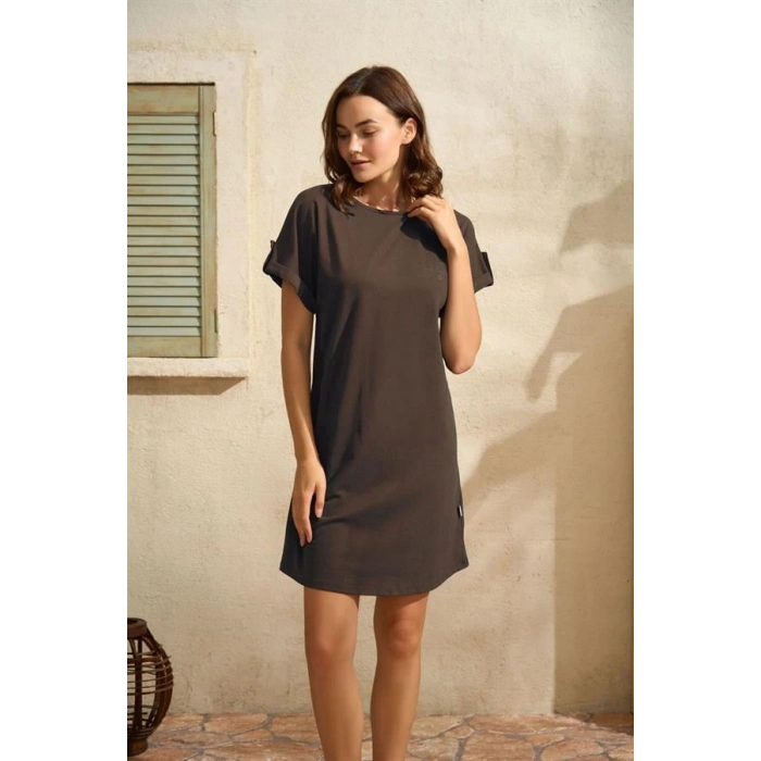 Nevamel® Günlük Kısa Kol Bisiklet Yaka Cotton Düz Yazlık Kısa Kahve Pijama Takımı