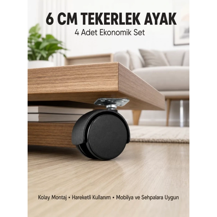 Nevamel® Halı ve Beton Uyumlu Kilitsiz Mobilya Tekerleği 4’lü