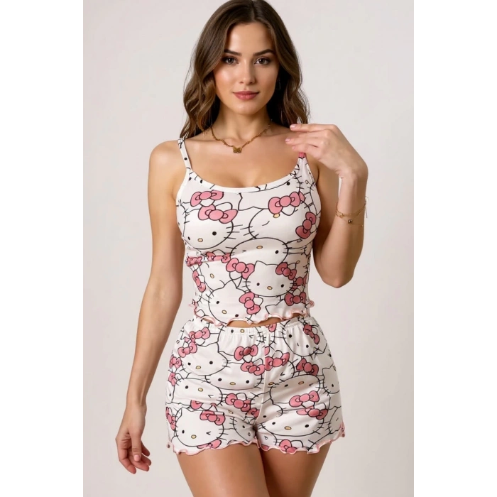 Nevamel® Hello Kitty Baskılı Askılı Şortlu Pijama Takımı