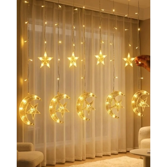 Nevamel® Hilal Yıldız Perde LED Işık 2 Modlu Sıcak Beyaz Dekoratif Aydınlatma