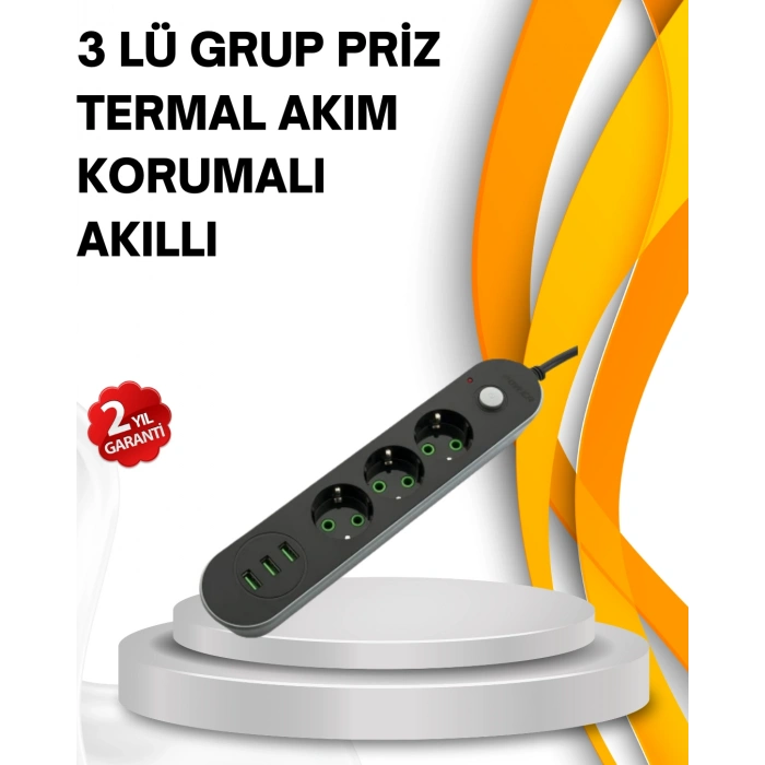 Nevamel Hızlı Şarj Özellikli 3 USB Girişli Üçlü Priz