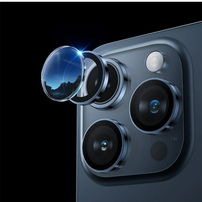 Nevamel HOCO Crystal Clear iPhone 15 Pro-15 Pro Max HD 3D Metal Çerçeveli Kamera Koruyucu Lens-(5775)