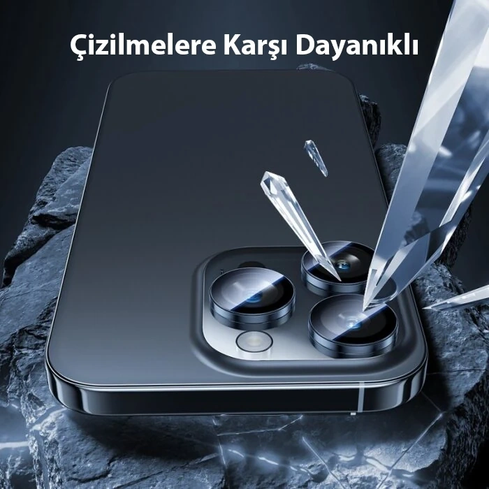 Nevamel HOCO Crystal Clear iPhone 15 Pro-15 Pro Max HD 3D Metal Çerçeveli Kamera Koruyucu Lens-(5775)